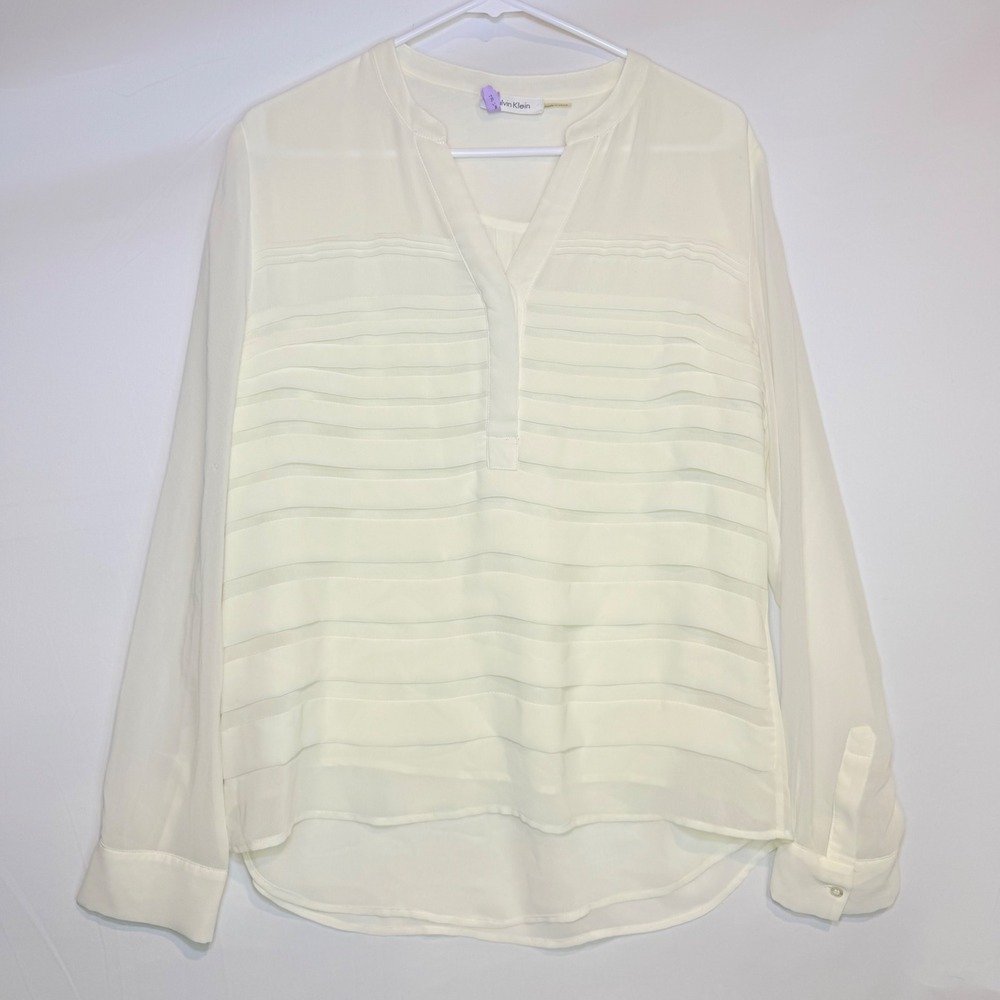Calvin Klein Cream Pleated Front Split Neck Long Sleeve Blouse Top Ivory